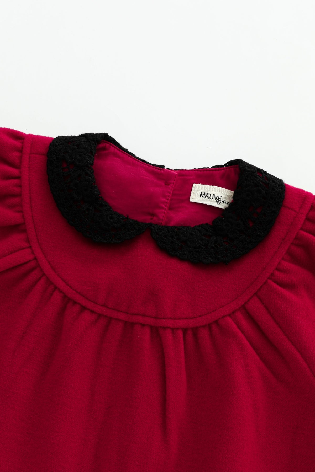 Round Yoke Wool Dress With Crochet Collar