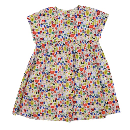 [S24-WDG302A-MC] MULTI PRINT SHORT SLEEVE HIGH YOKE DRESS