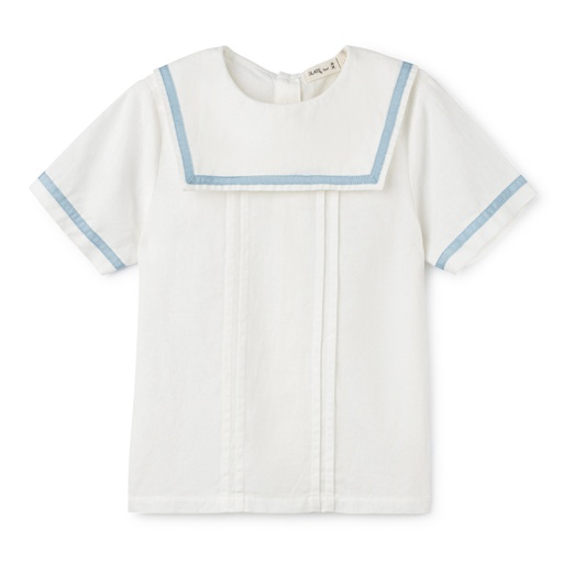 [S24-MTB303-WH] SHORT SLEEVE SHIRT WITH SQUARE RIBBON TRIMMED COLLAR