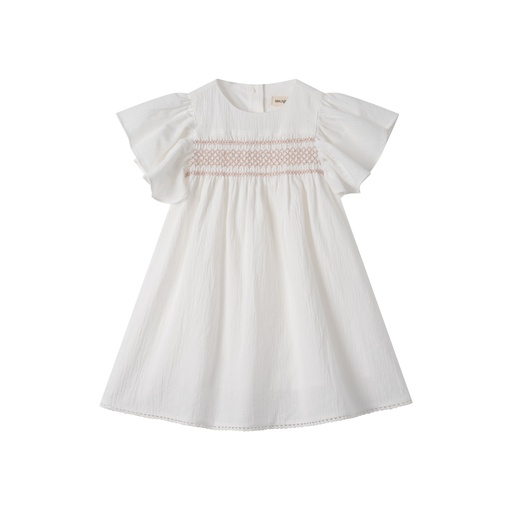 [S25-MD501-WH] FLUTTER SLEEVE LINEN DRESS WITH SMOCKING