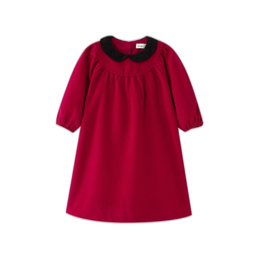 [F26-MD601-RD] ROUND YOKE WOOL DRESS WITH CROCHET COLLAR